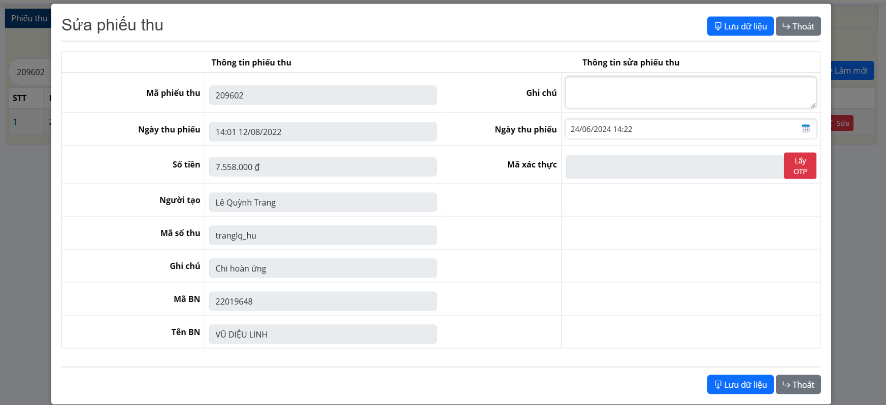 Thao tác phiếu thu